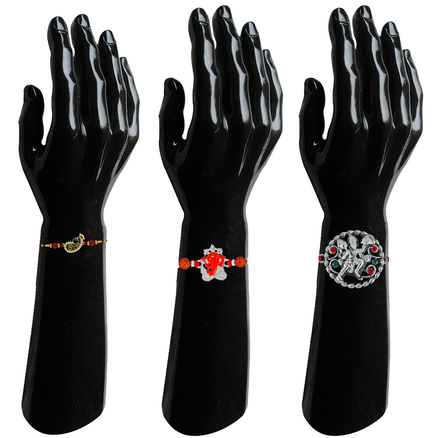 Lord Ganesha Rudraksha, Meenakari Peacock and Jai Hanuman crystal studded Rakhi combo