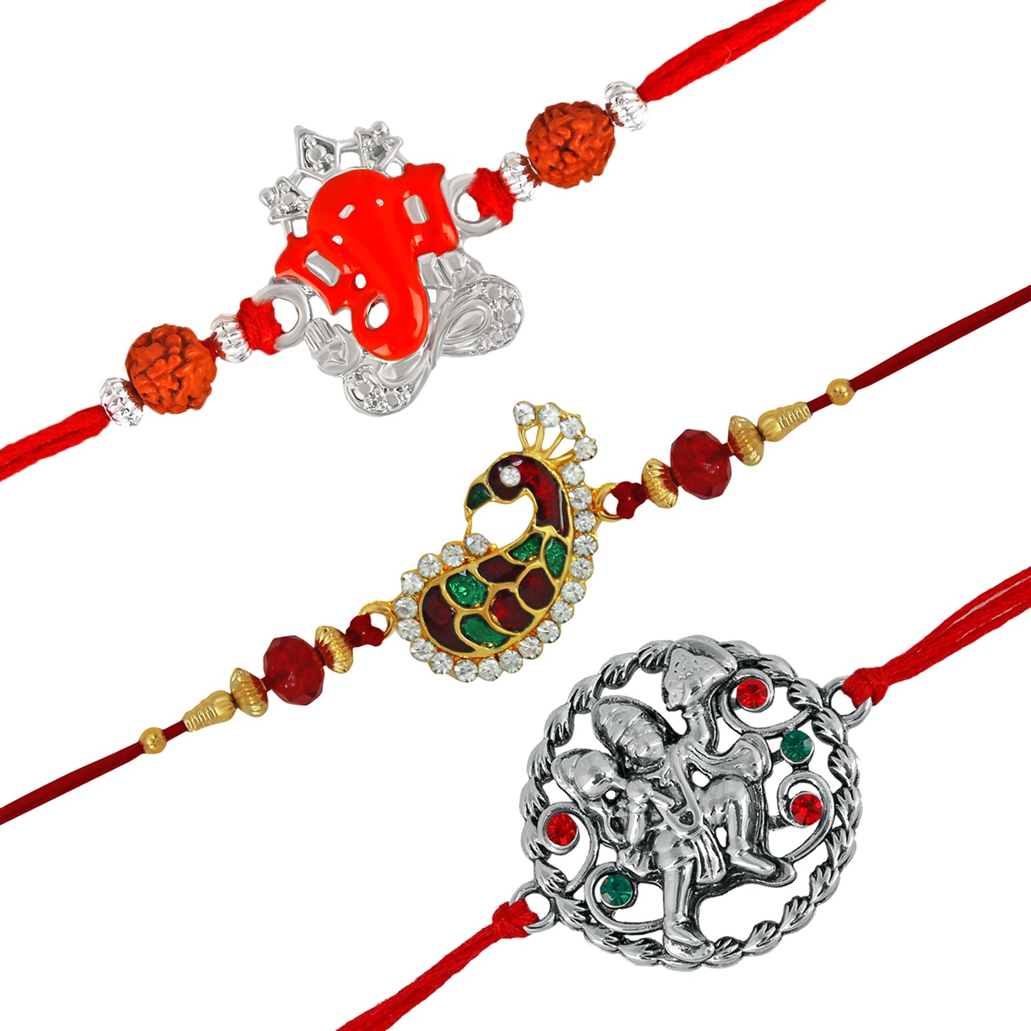 Lord Ganesha Rudraksha, Meenakari Peacock and Jai Hanuman crystal studded Rakhi combo