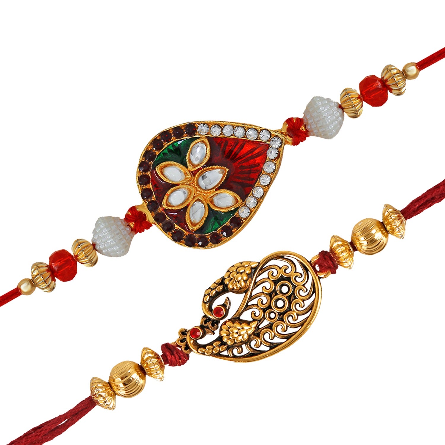Designer Peacock crystal studded Meenakari Rakhi combo
