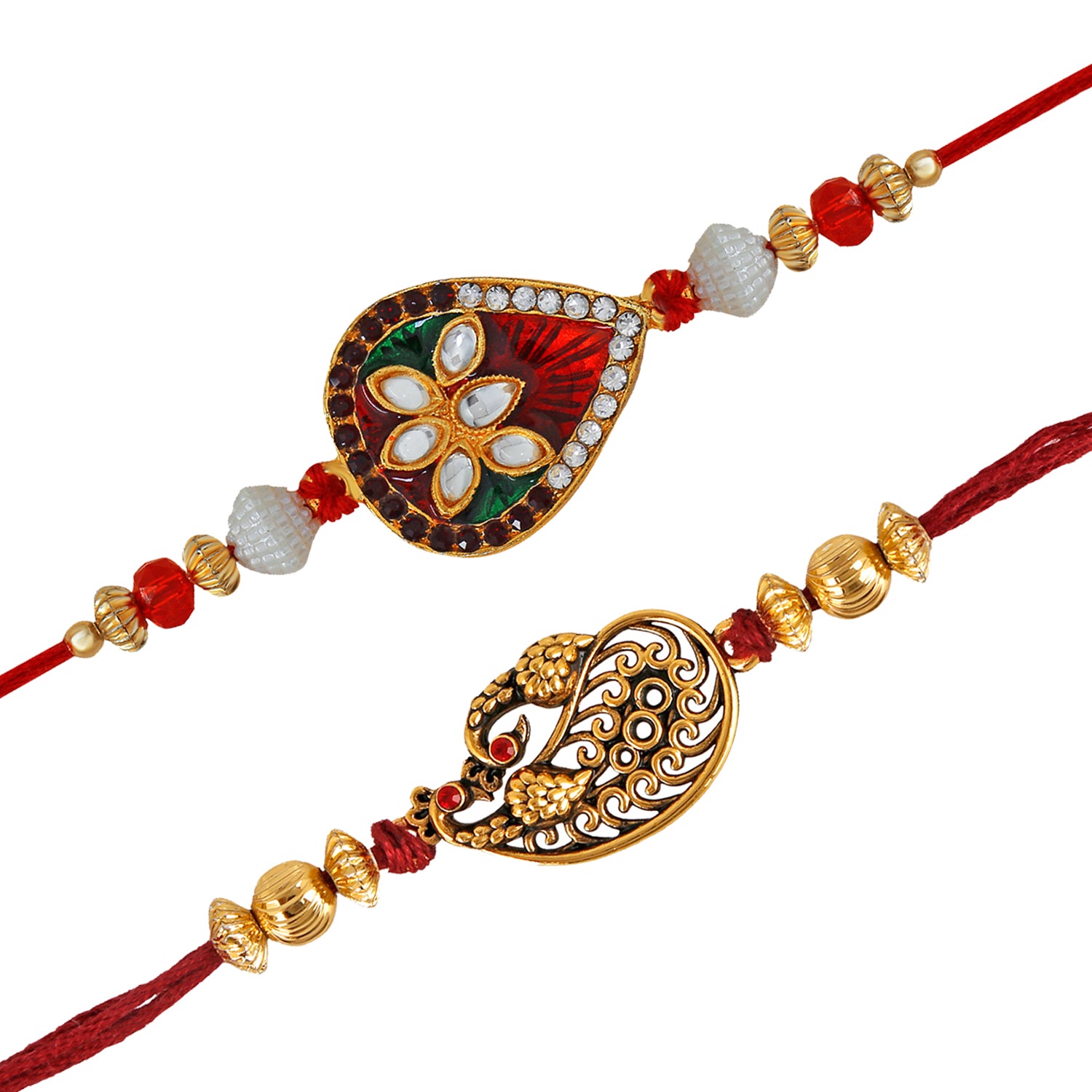 Designer Peacock crystal studded Meenakari Rakhi combo