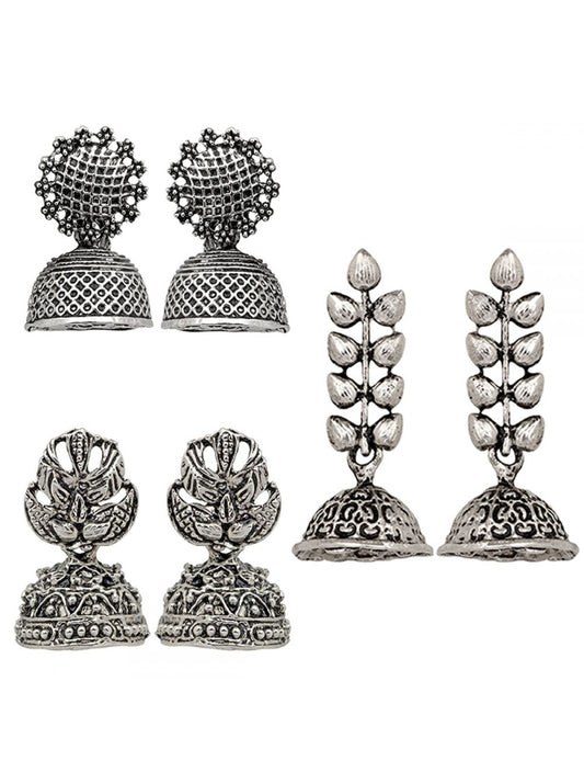 Combo of Traditional Ethnic Oxidized Silver Jhumka Earrings