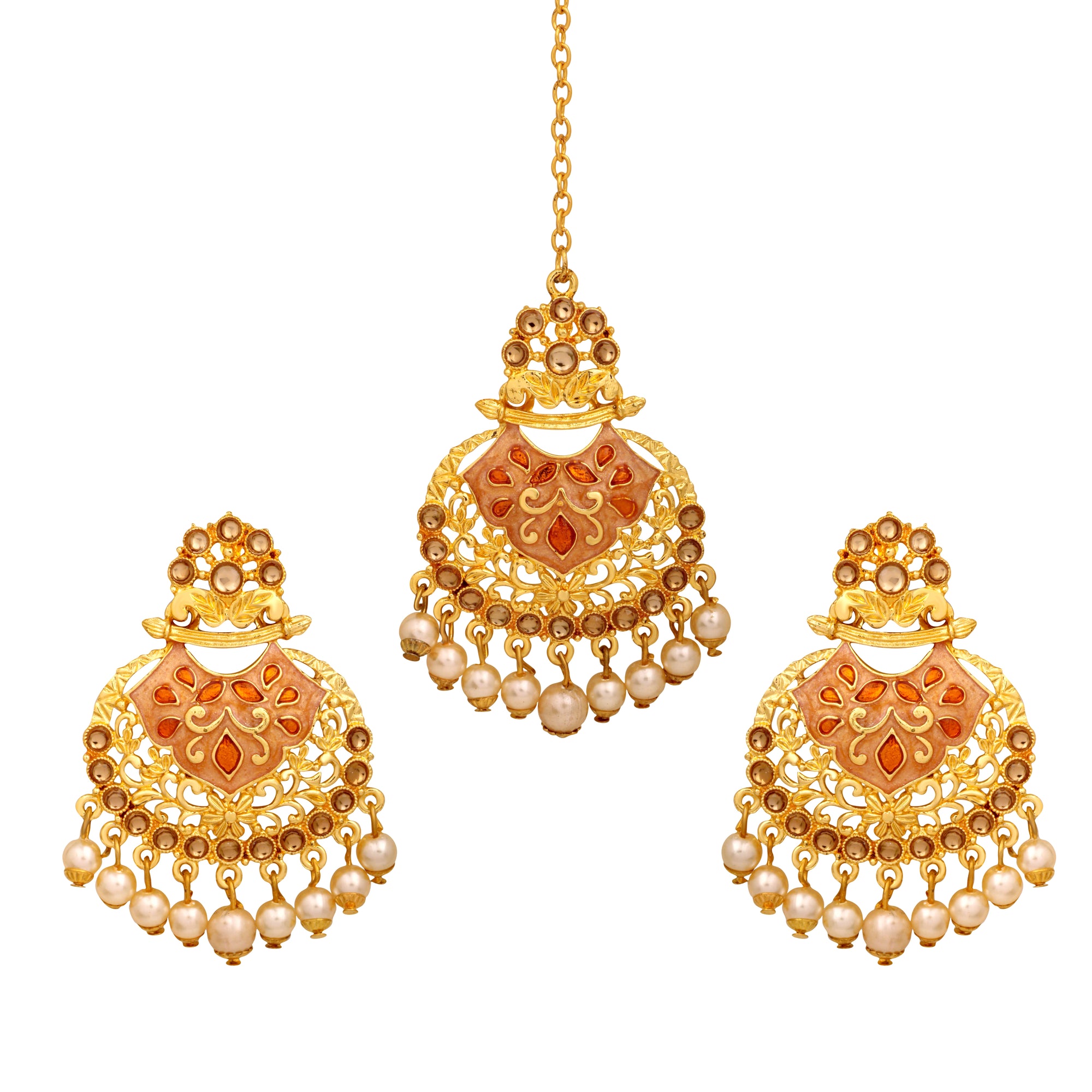 Traditional Dangler Pearl and Meenakari Work Maang Tikka and Earrings Set