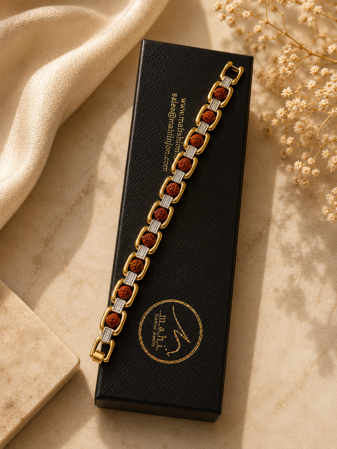 Rudraksha Gold Link Men Bracelet