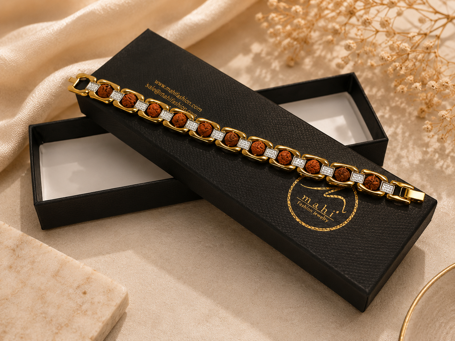 Rudraksha Gold Link Men Bracelet