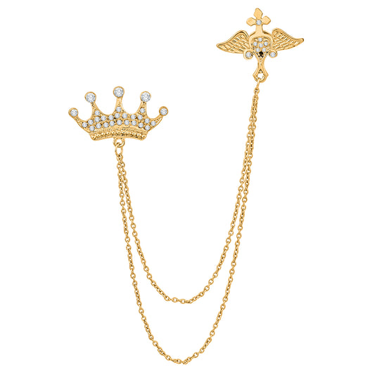 Fashionable Double Chain Crown Wing Brooch Lapel Pin