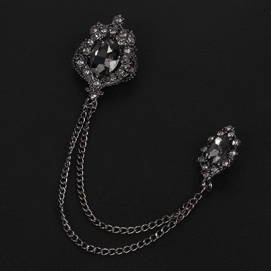 Black Gun Metal Men's Glittery Black Crystal Double Chain Brooch