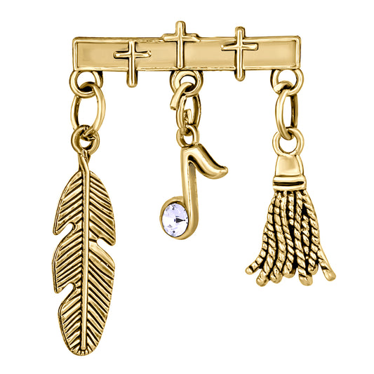 Brooch with Hanging Feather, Musical Note and Broom