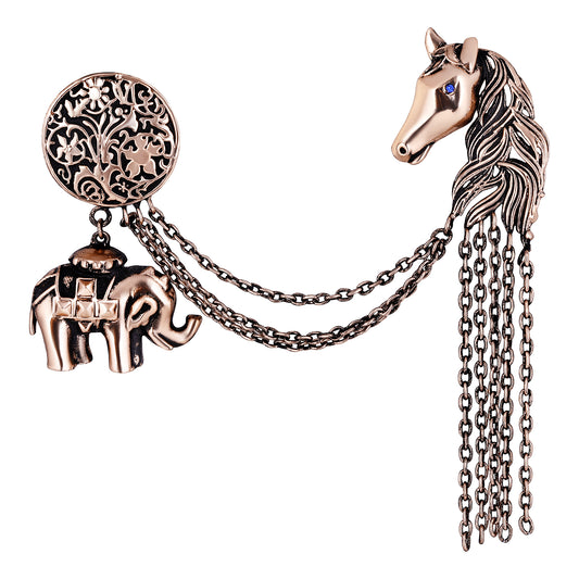 Baby Elaphant and Horse Face Shaped Floral Brooch Pin with Chain
