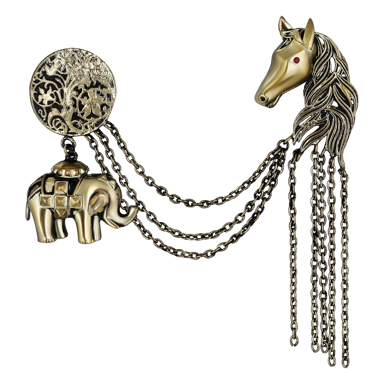 Baby Elaphant and Horse Face Shaped Floral Brooch Pin with Chain