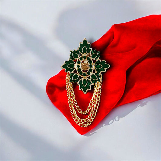 Meenakari Work Maple Leaf & Layered Chain Shervani Brooch