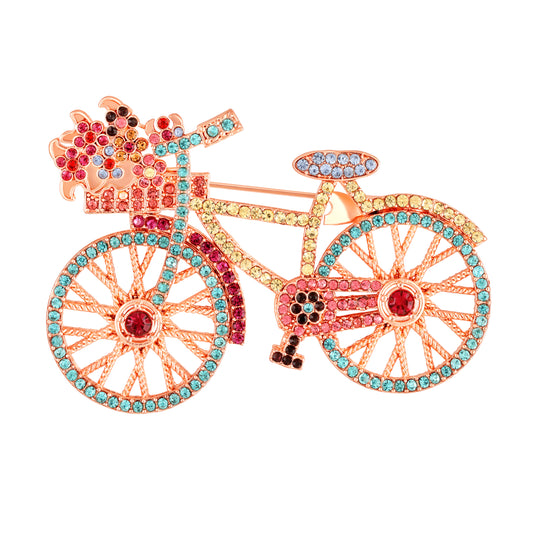 Shiny Flower Basket Design Vintage Bicycle Brooch Pin with Multicolor Crystals