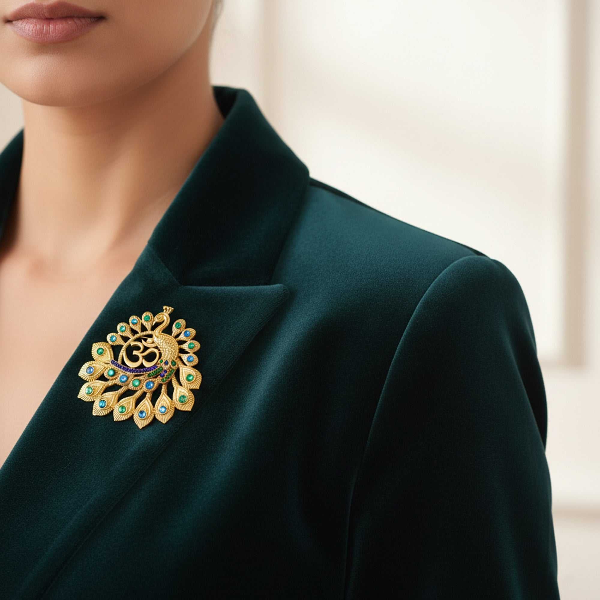 Om Peacock-Shaped Designer Brooch
