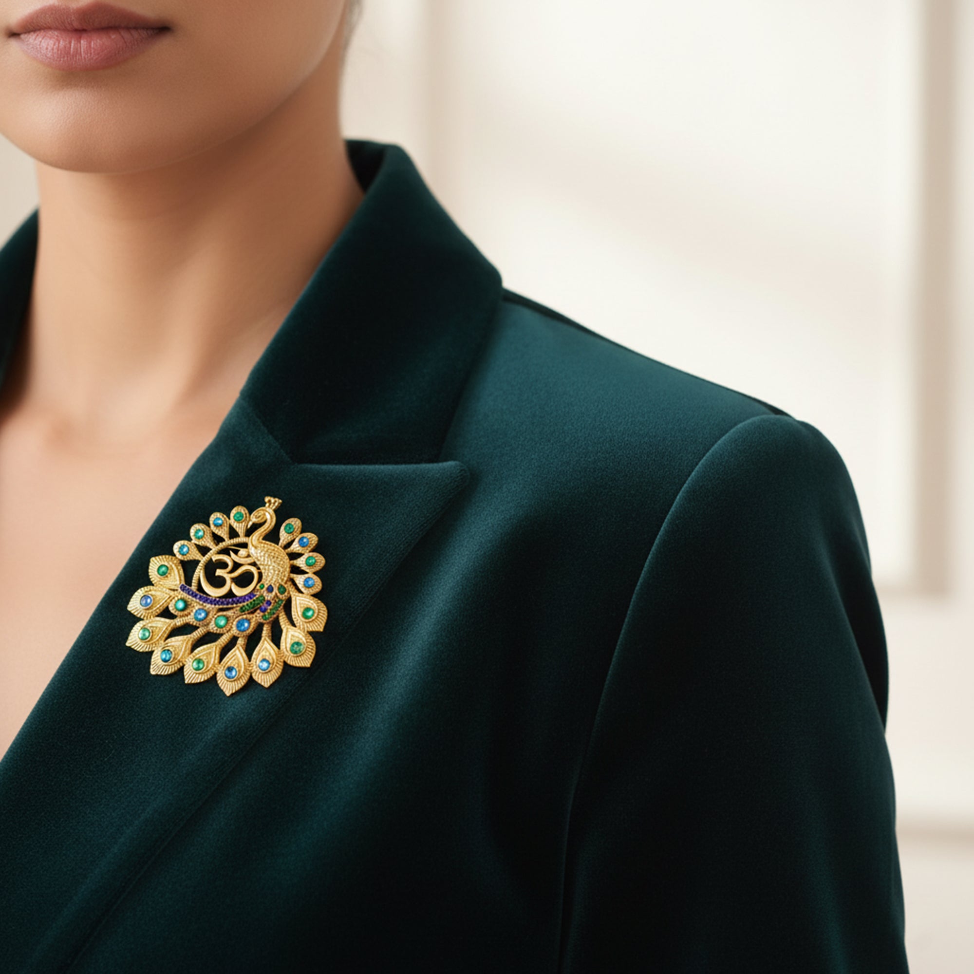 Om Peacock-Shaped Designer Brooch