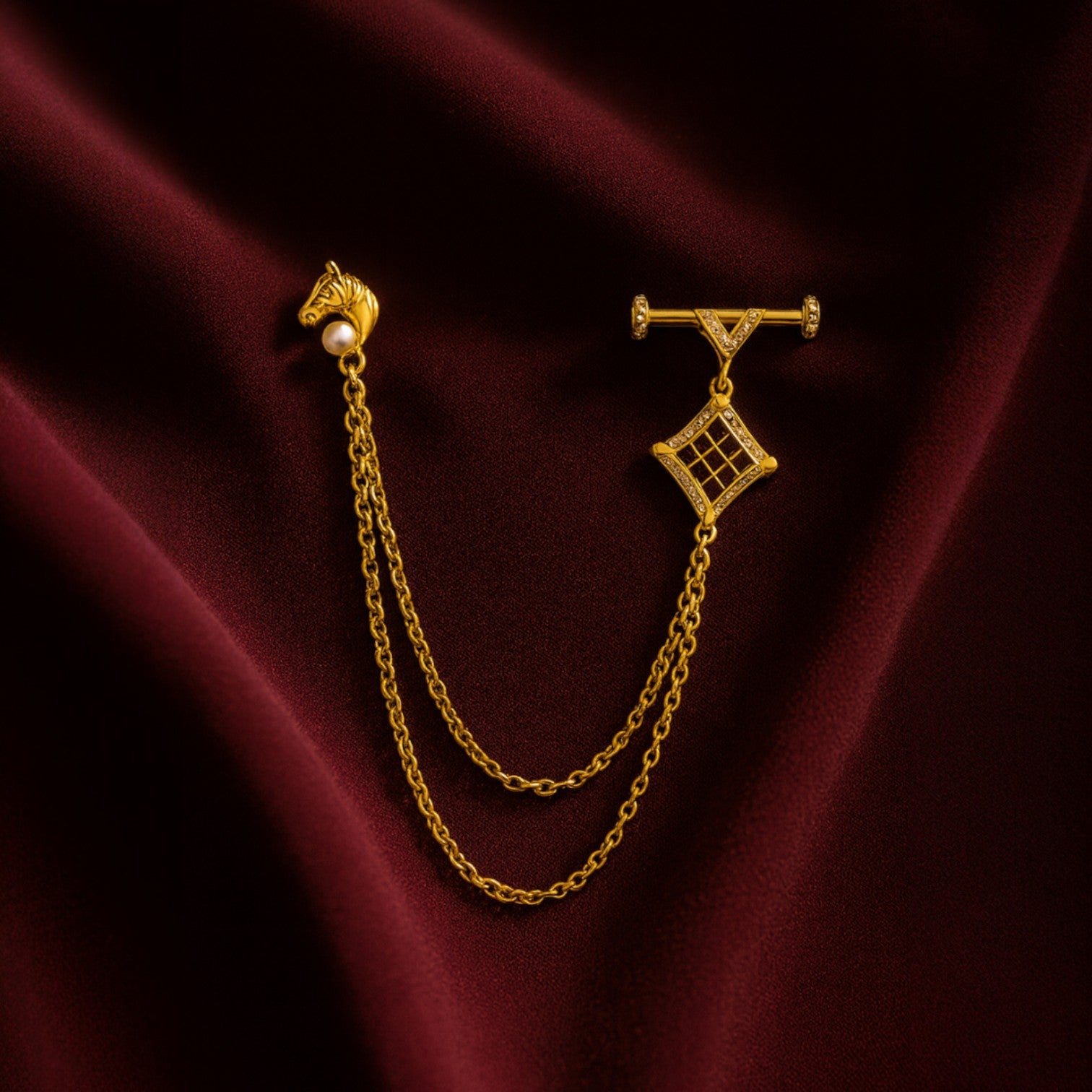 Royal Horse-Shaped Dual-Chain Enamel Brooch