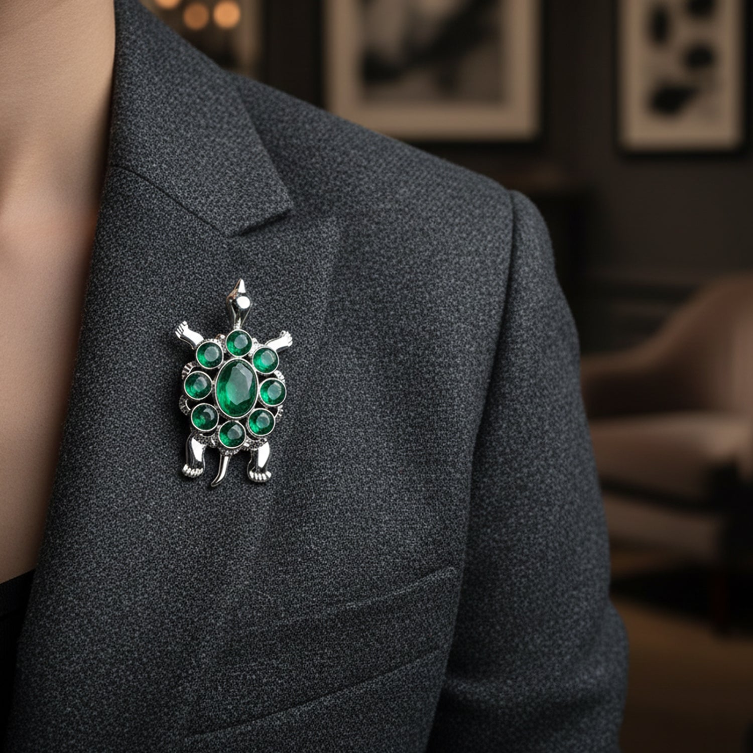 Tortoise-Shaped Green Crystals Brooch / Lapel Pin