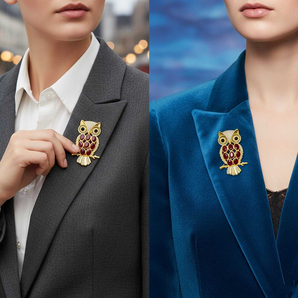 Green & Maroon Crystals Owl-Shaped Lapel Pin / Brooch