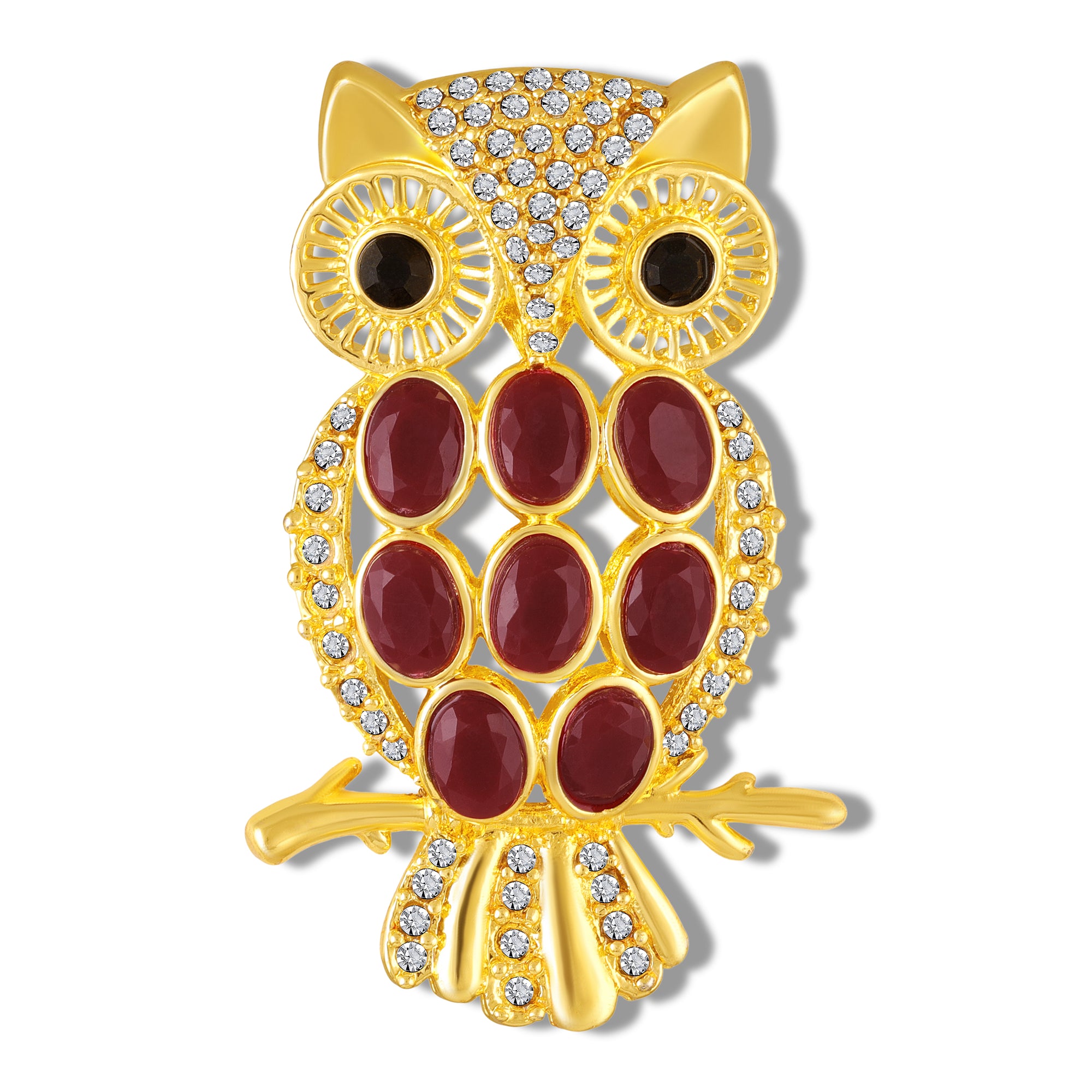 Green & Maroon Crystals Owl-Shaped Lapel Pin / Brooch
