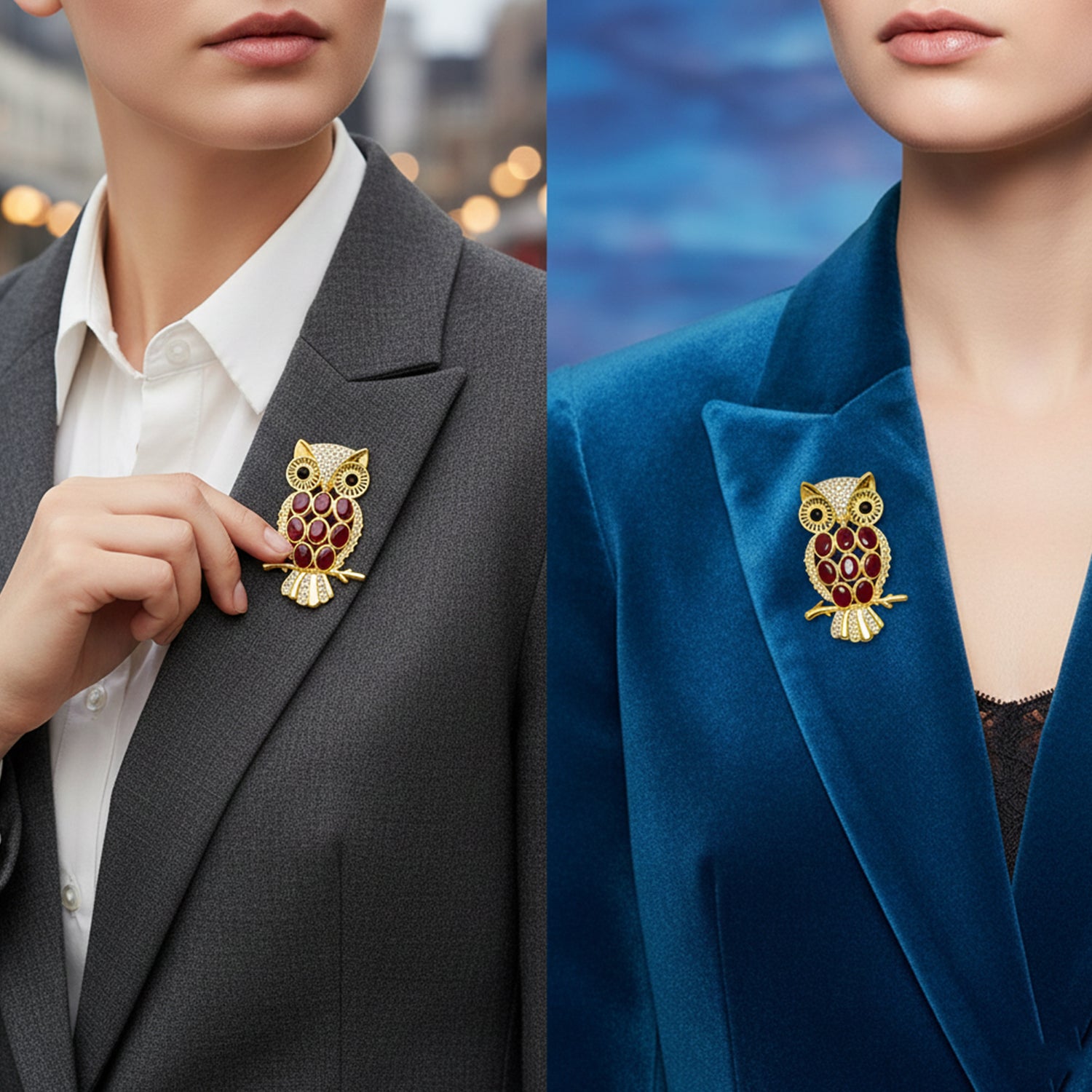 Green & Maroon Crystals Owl-Shaped Lapel Pin / Brooch