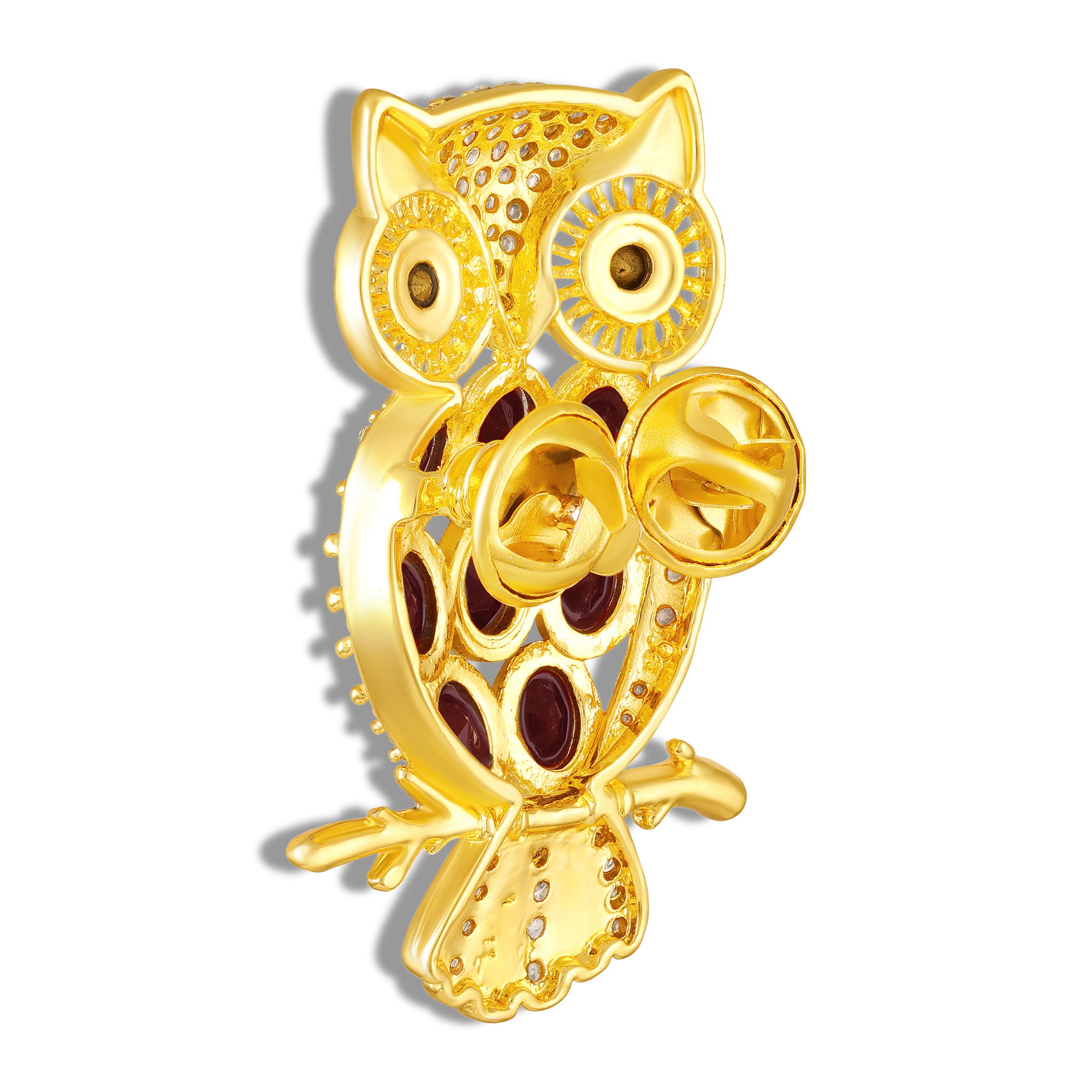 Green & Maroon Crystals Owl-Shaped Lapel Pin / Brooch