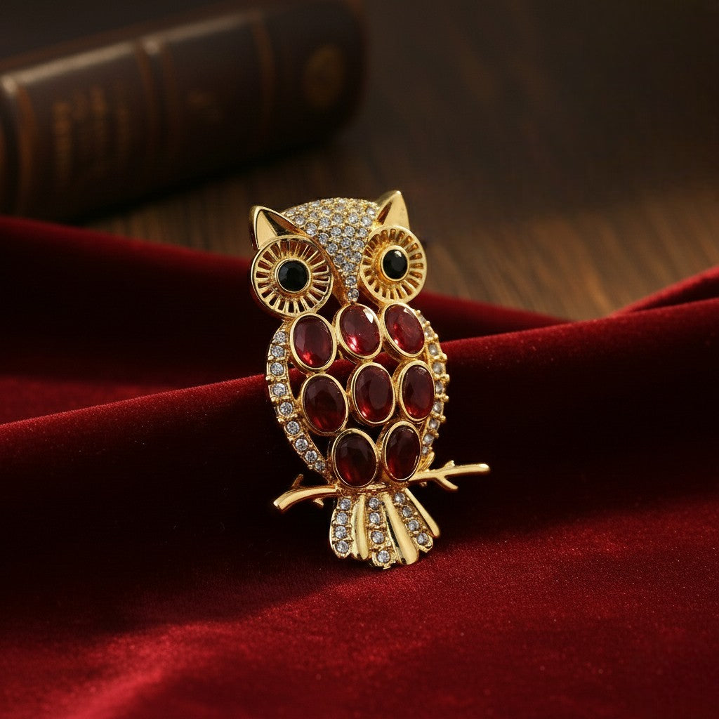 Green & Maroon Crystals Owl-Shaped Lapel Pin / Brooch