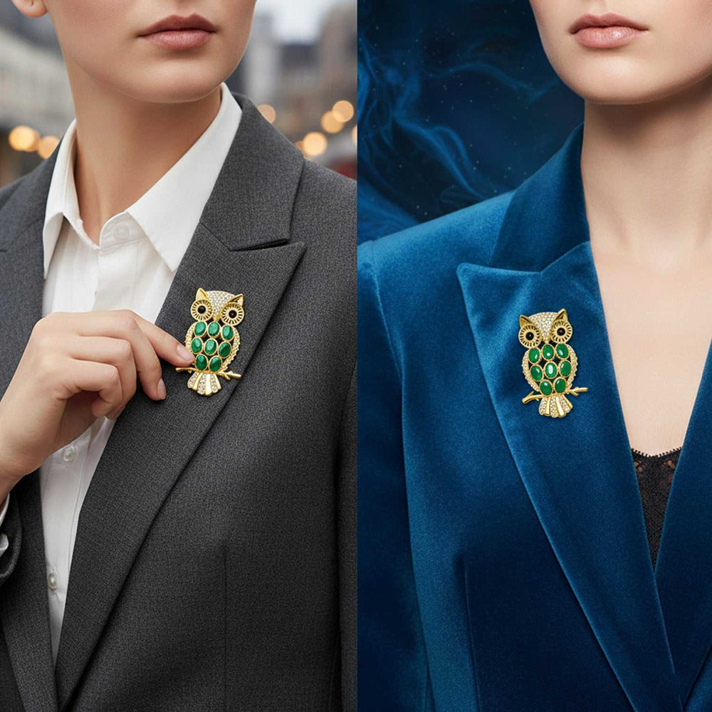Green & Maroon Crystals Owl-Shaped Lapel Pin / Brooch