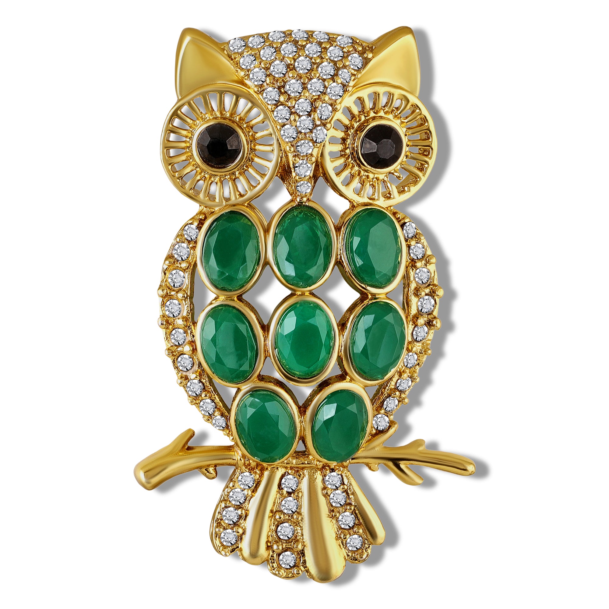 Green & Maroon Crystals Owl-Shaped Lapel Pin / Brooch
