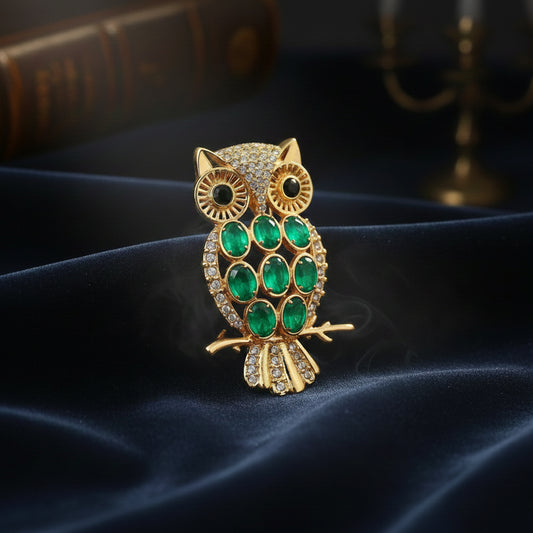 Green & Maroon Crystals Owl-Shaped Lapel Pin / Brooch