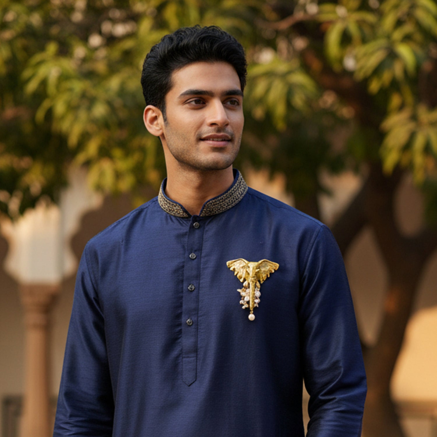 Royal Gold Tone Gajraj Artificial Pearl Shervani Brooch