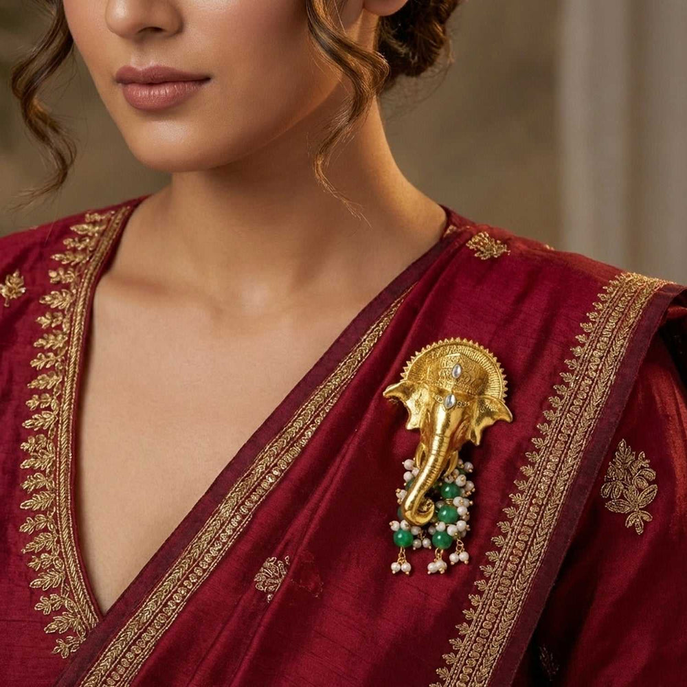 Royal Gold Tone Ganpati Brooch with Artificial Pearl