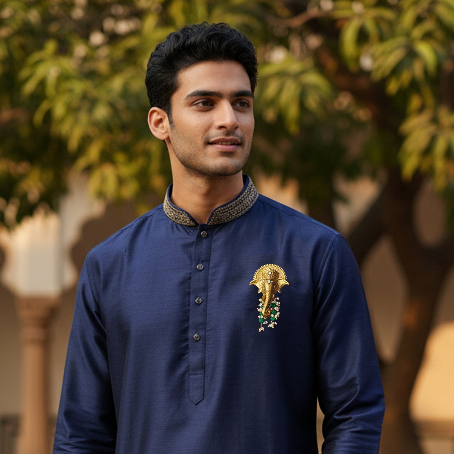 Royal Gold Tone Ganpati Brooch with Artificial Pearl