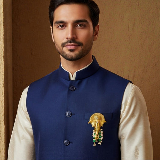 Royal Gold Tone Ganpati Brooch with Artificial Pearl