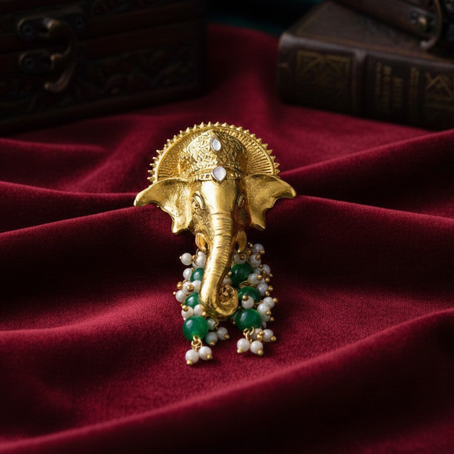 Royal Gold Tone Ganpati Brooch with Artificial Pearl