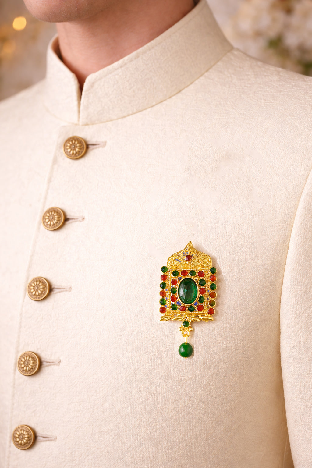 Royal Green and Red Crystals Studded Wedding Brooch