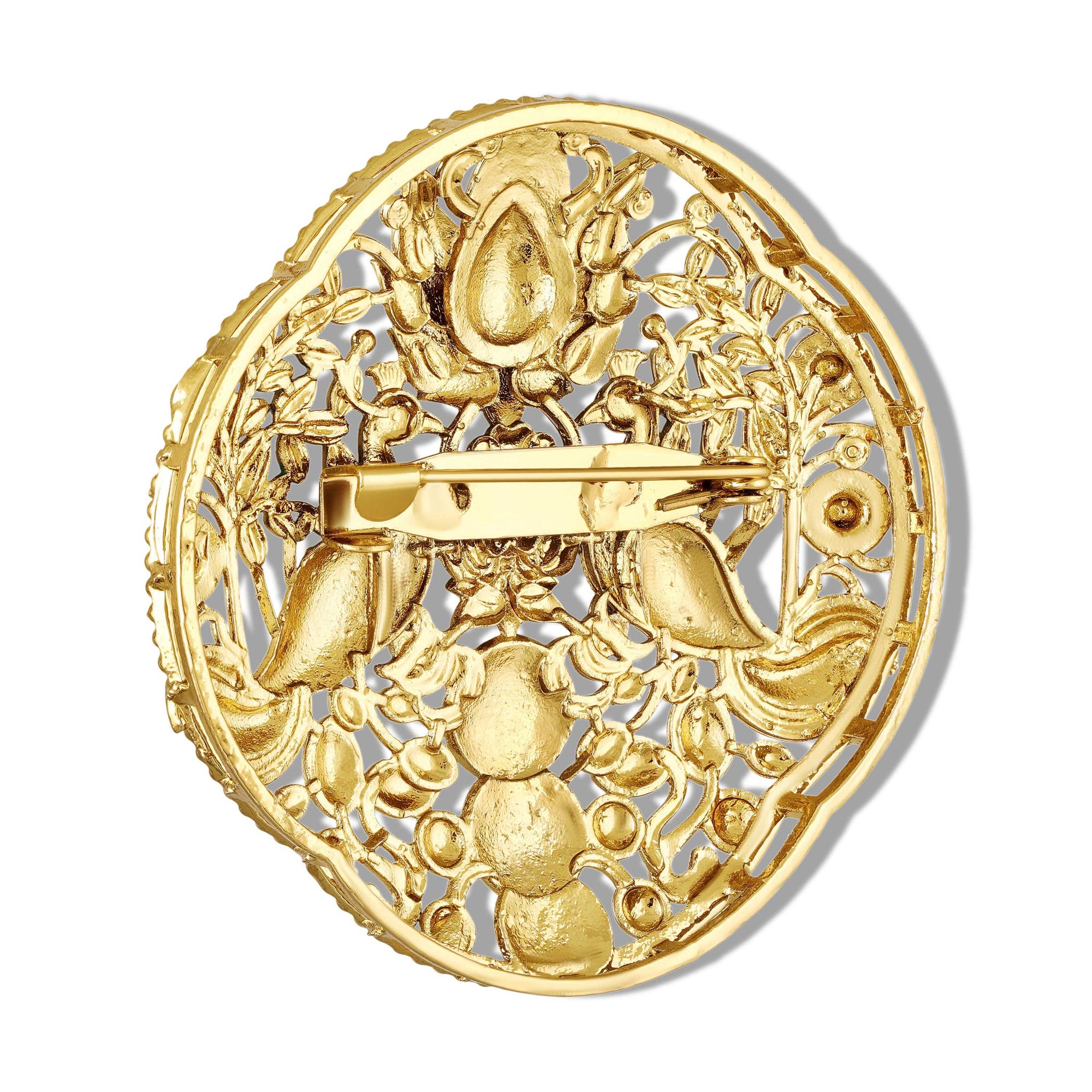 Dual Peacock-Shaped Lotus Enamel Brooch