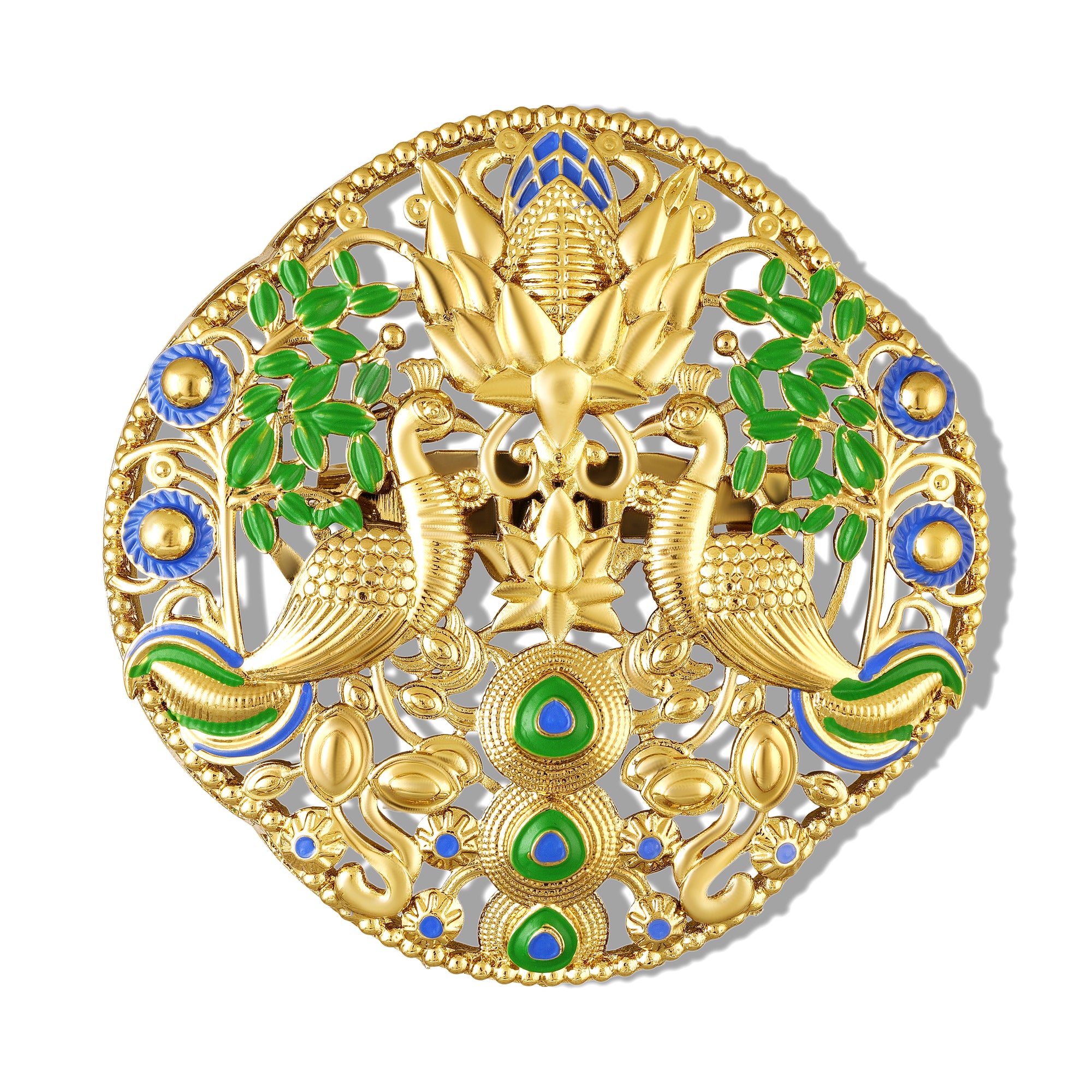 Dual Peacock-Shaped Lotus Enamel Brooch