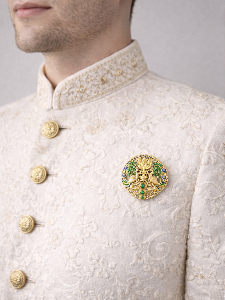 Dual Peacock-Shaped Lotus Enamel Brooch