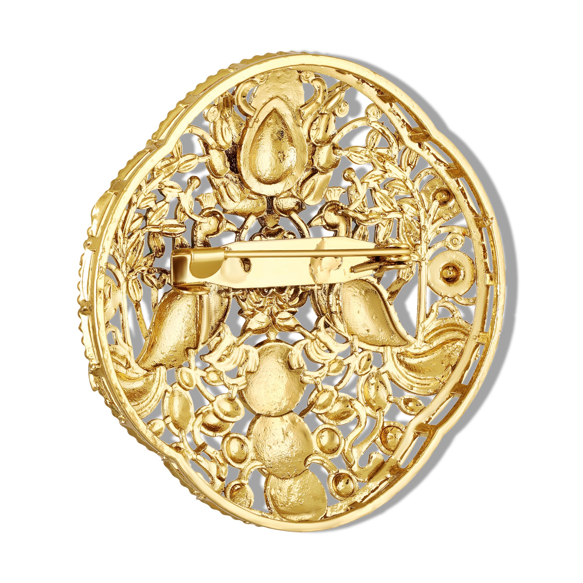 Dual Peacock-Shaped Lotus Enamel Brooch