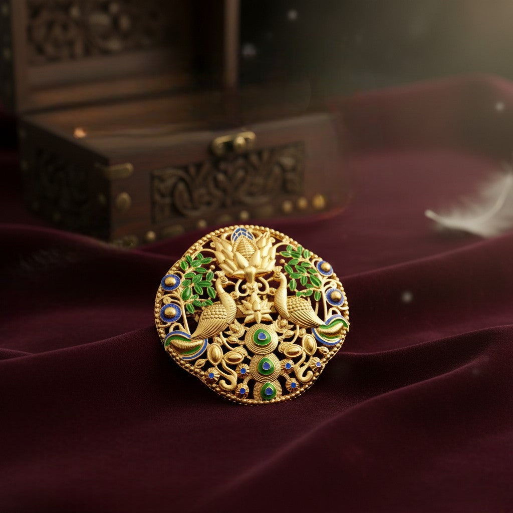Dual Peacock-Shaped Lotus Enamel Brooch