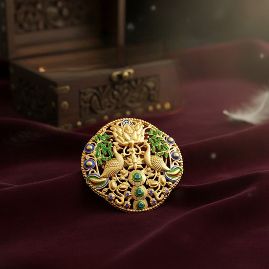 Dual Peacock-Shaped Lotus Enamel Brooch