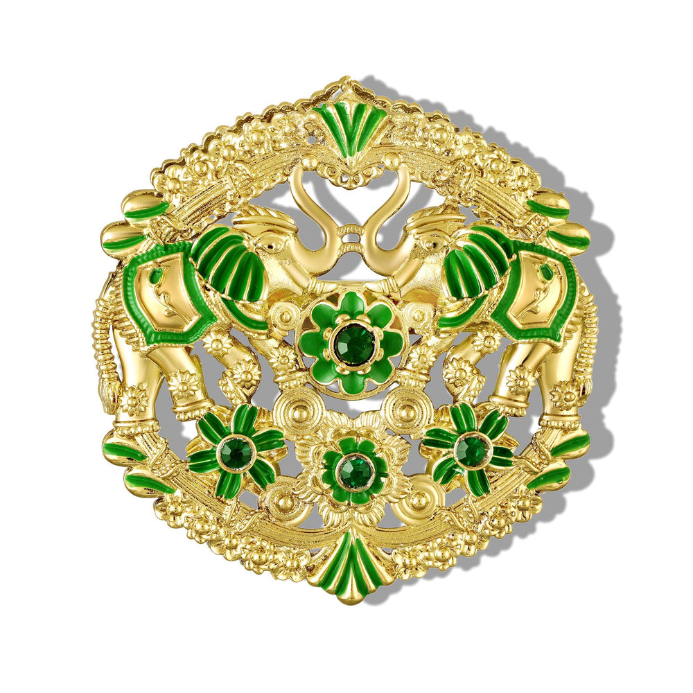 Dual Peacock-Shaped Lotus Enamel Brooch