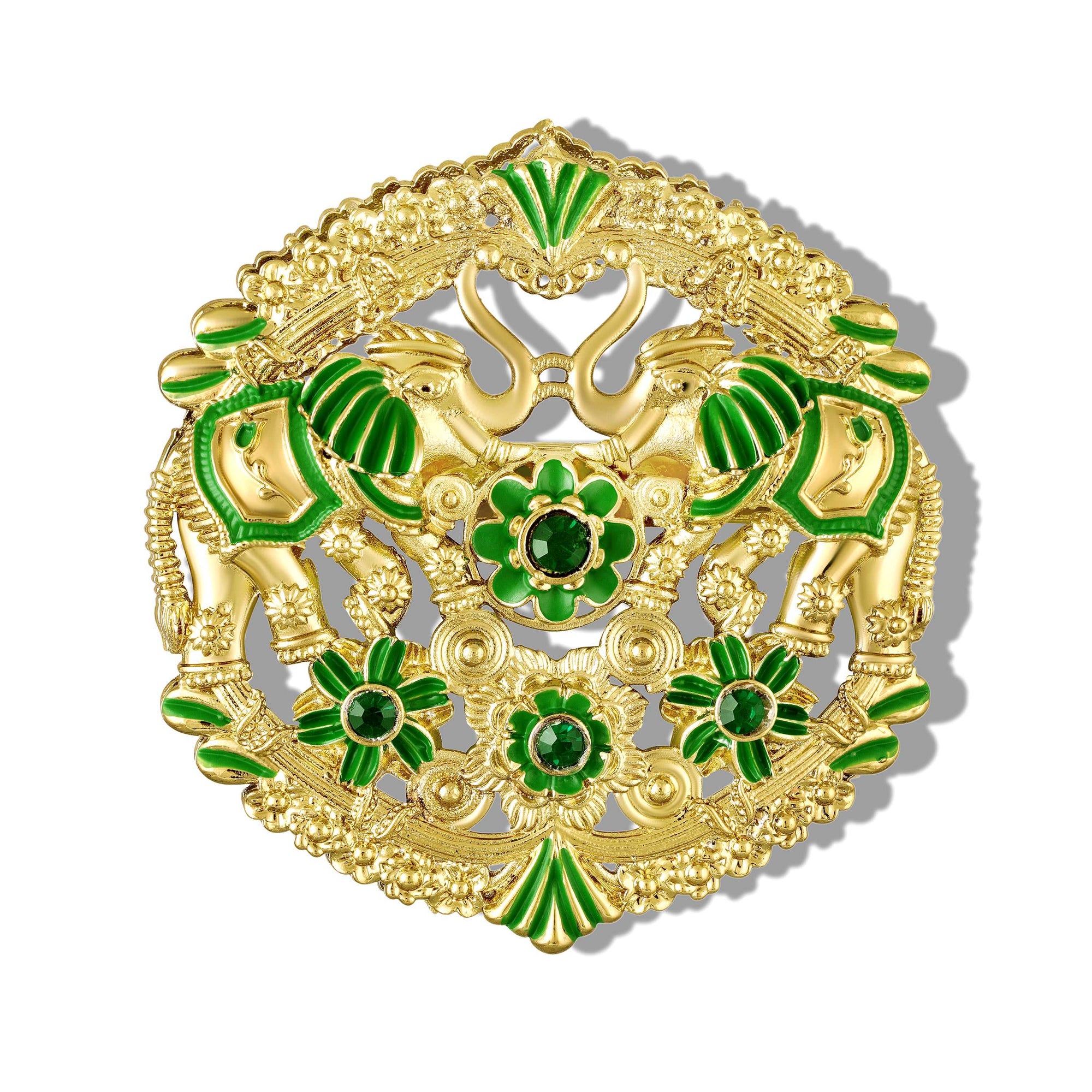 Dual Peacock-Shaped Lotus Enamel Brooch
