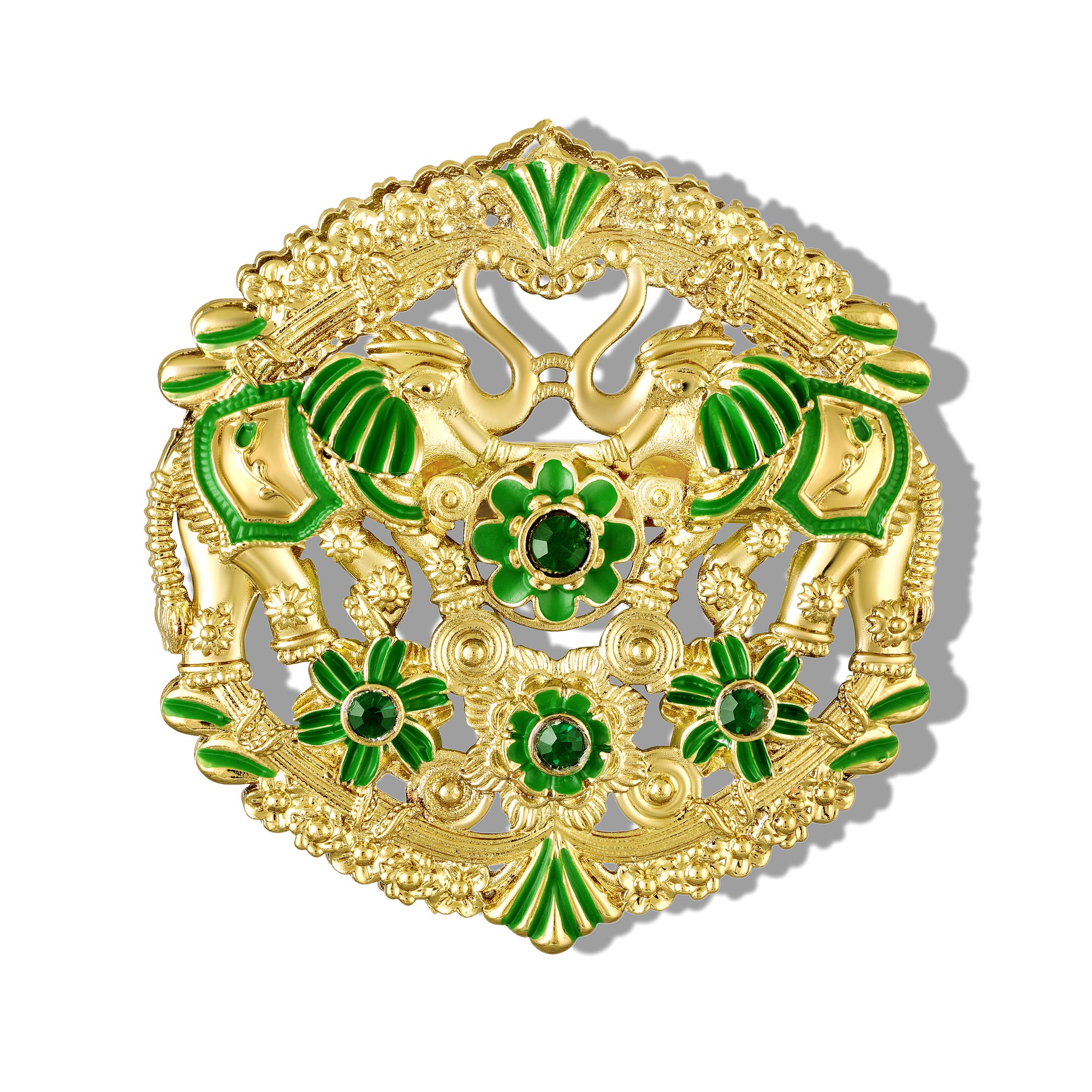 Dual Peacock-Shaped Lotus Enamel Brooch