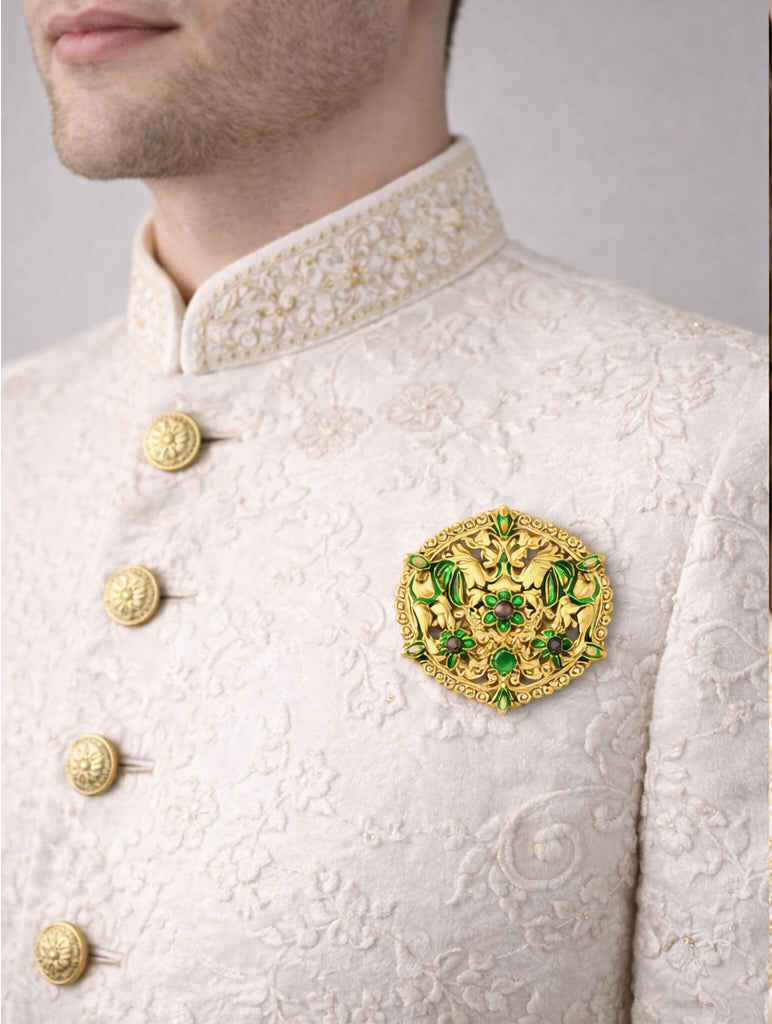 Dual Peacock-Shaped Lotus Enamel Brooch