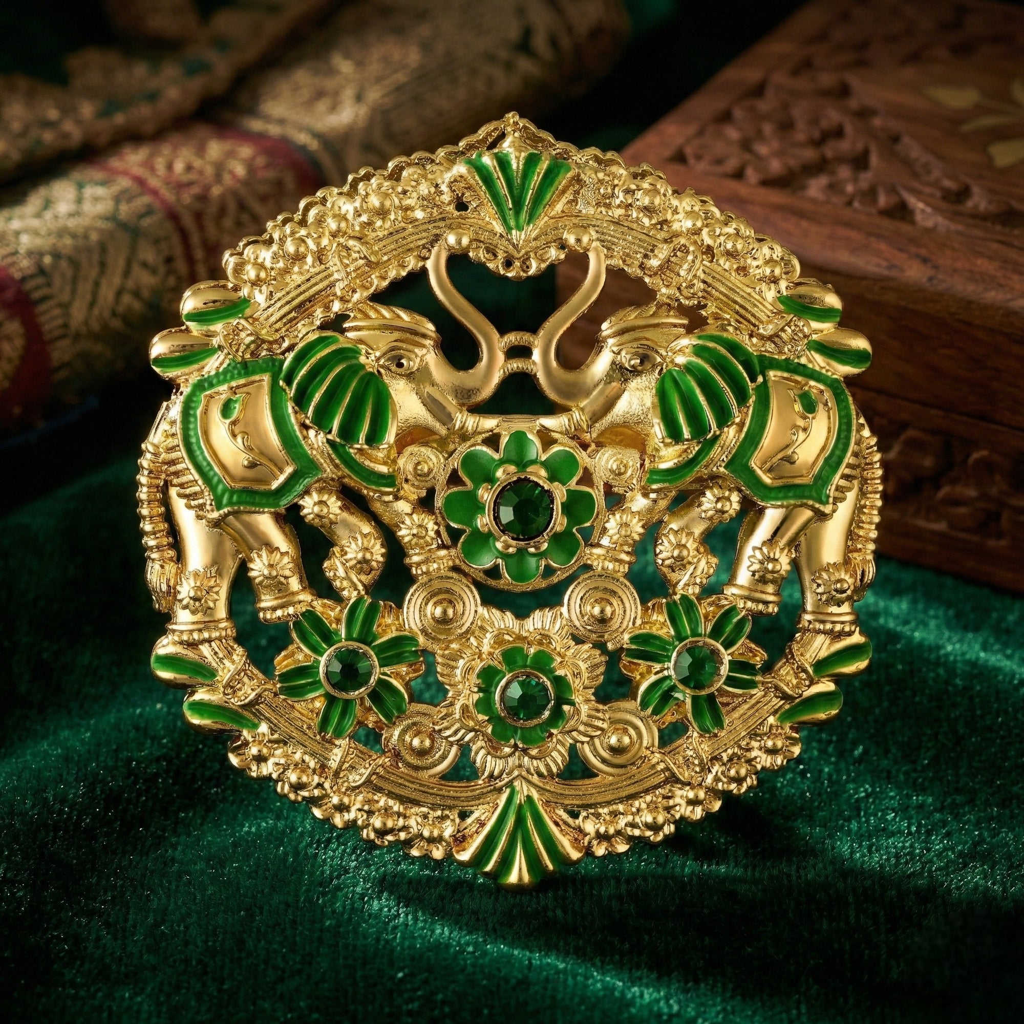 Dual Peacock-Shaped Lotus Enamel Brooch