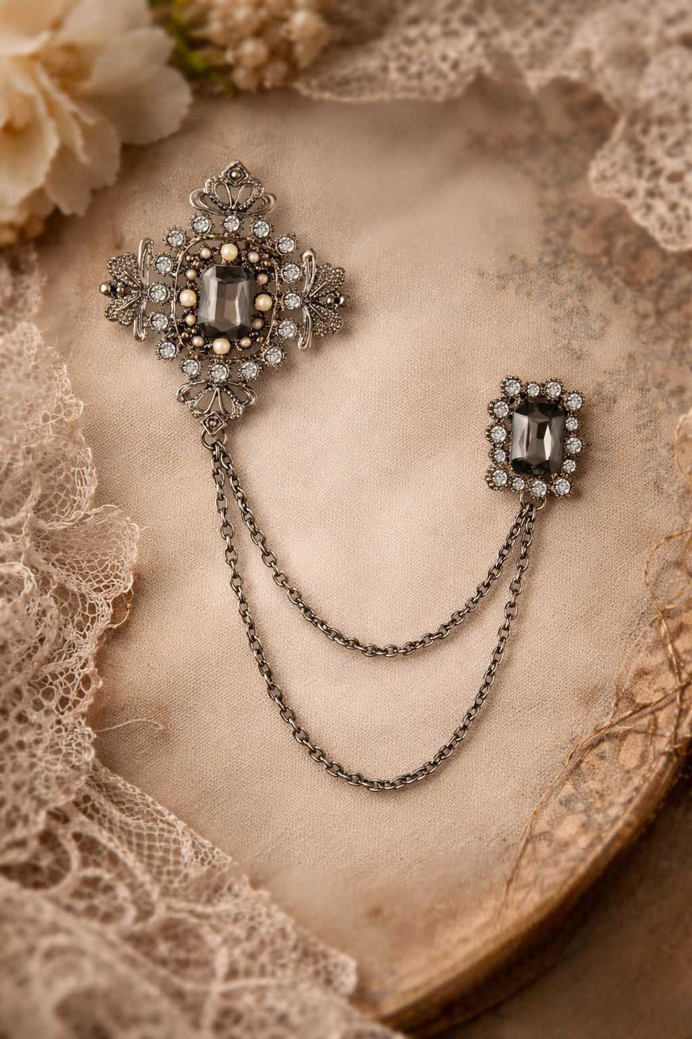 Regal Crown Dual-Pin Chain Lapel Brooch