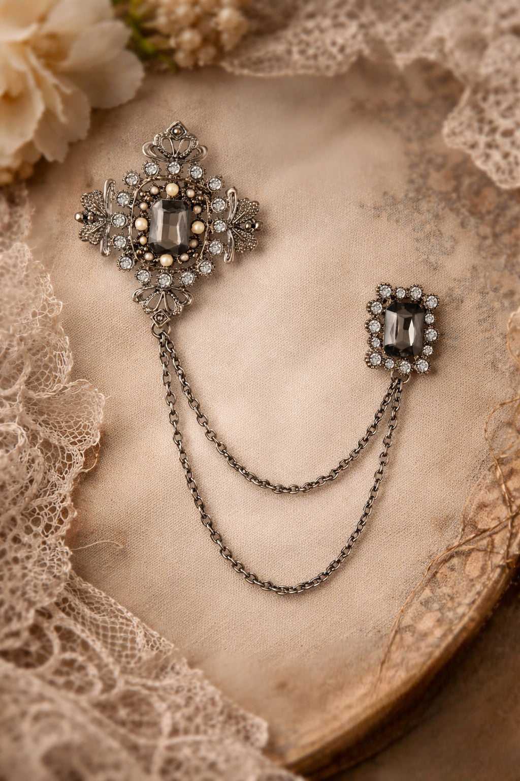 Regal Crown Dual-Pin Chain Lapel Brooch
