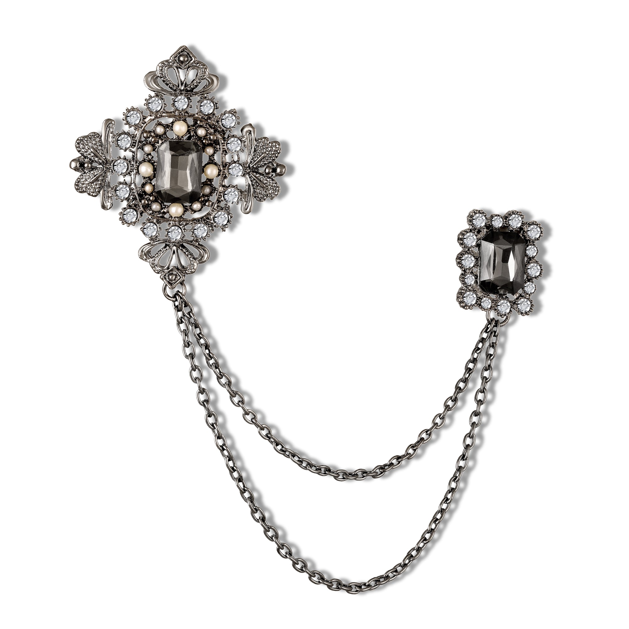 Regal Crown Dual-Pin Chain Lapel Brooch