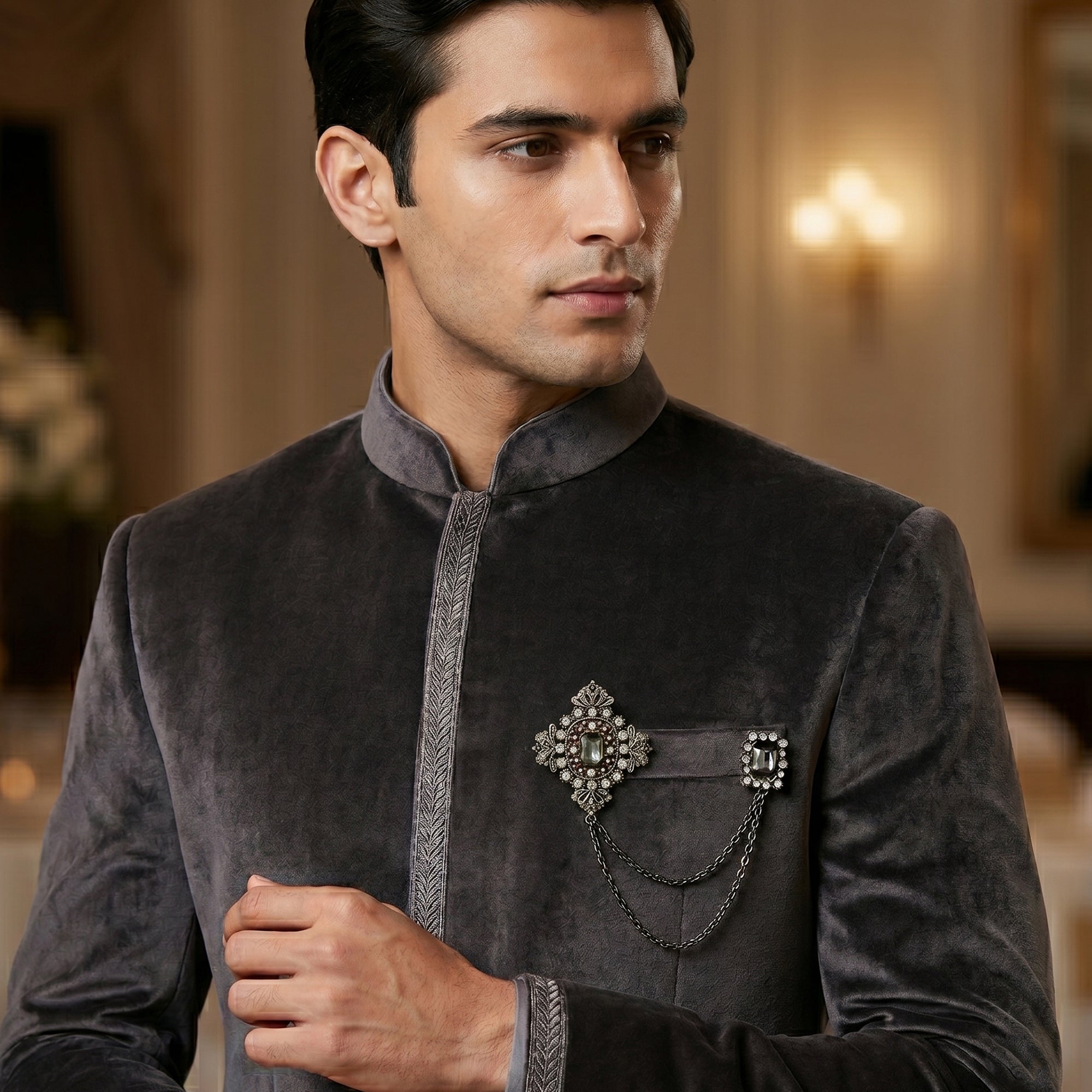 Regal Crown Dual-Pin Chain Lapel Brooch