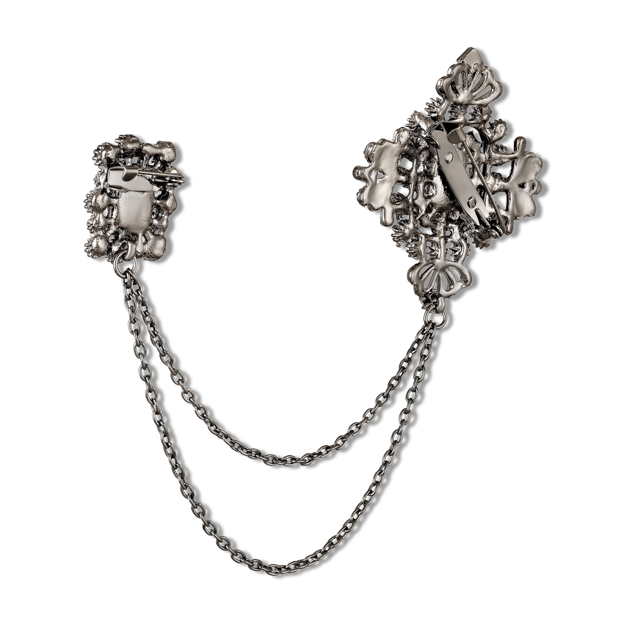 Regal Crown Dual-Pin Chain Lapel Brooch