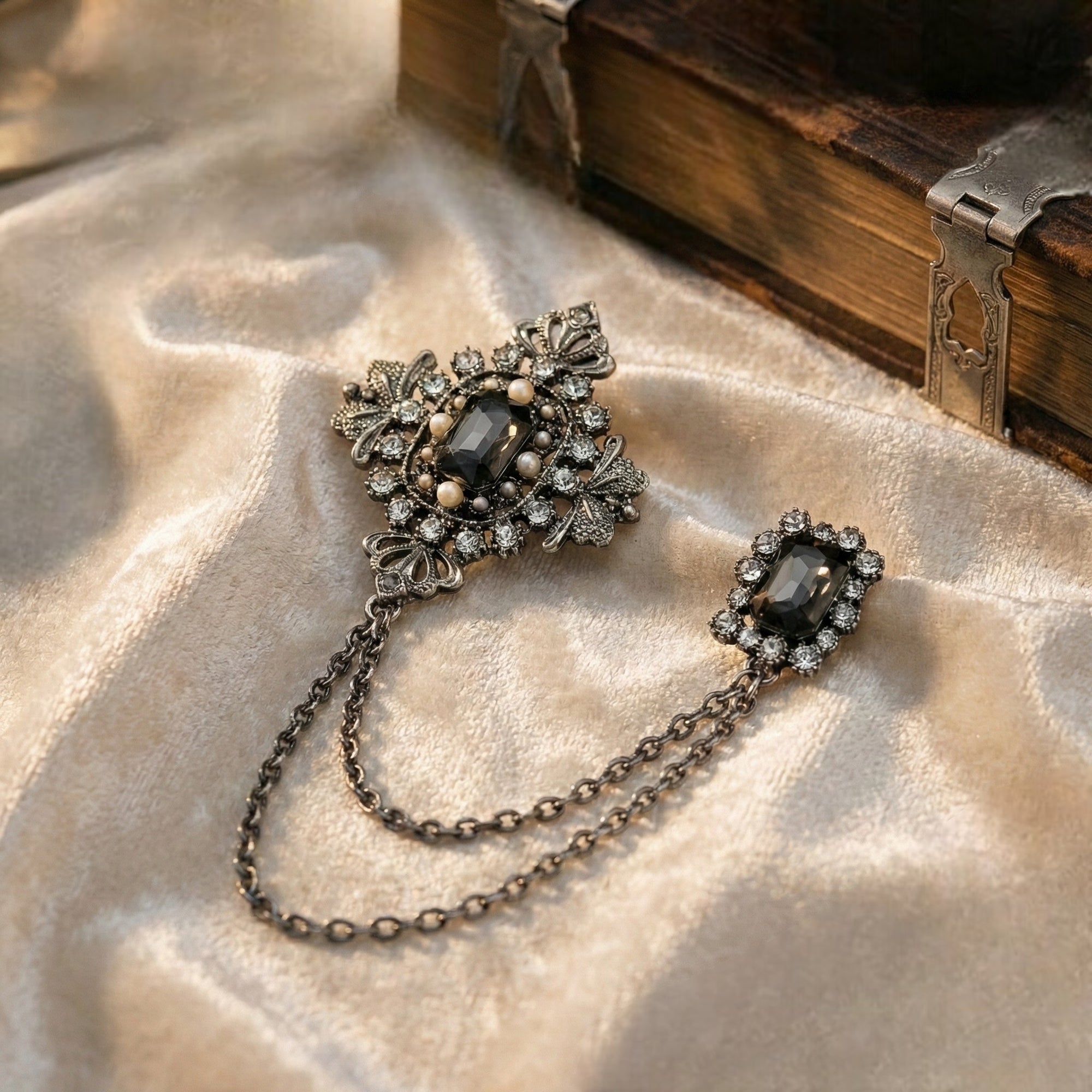 Regal Crown Dual-Pin Chain Lapel Brooch